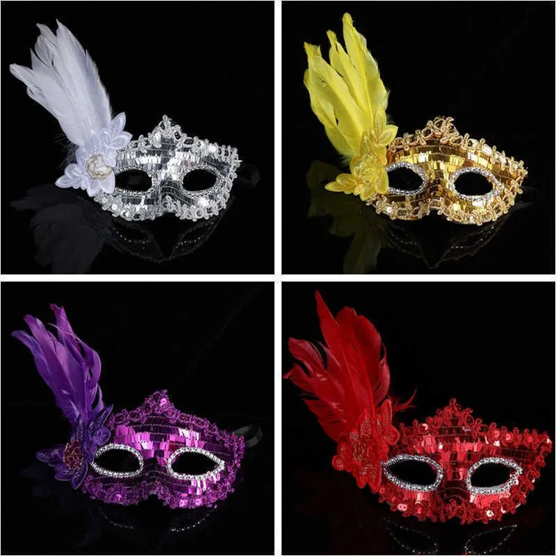 Women Girls Feather Masquerade Eye Mask Sequins Prom Mask Halloween Party Cosplay Costume Wedding Decoration Props Half Face Eyes Masks Veren Maskerade