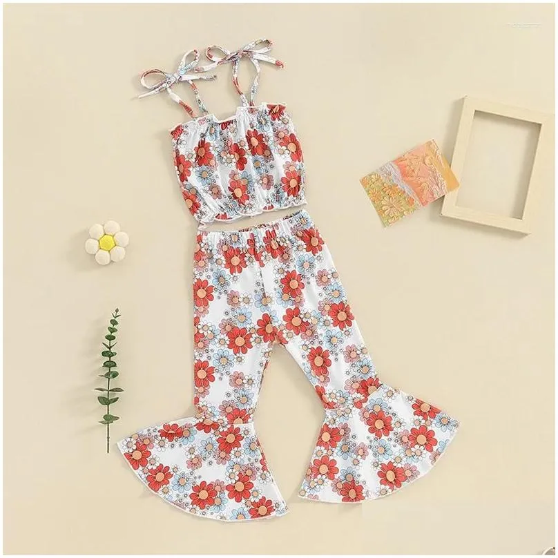 Clothing Sets Kid Toddler Baby Girl Summer Outfits Flower Tie-Up Spaghetti Straps Crop Tank Tops Flare Pants 2Pcs Clothes Set