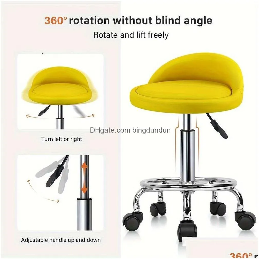 Yellow PU Leather Round Rolling Stool Foot Rest Height Adjustable Swivel Drafting Work SPA Task Chair with Wheels