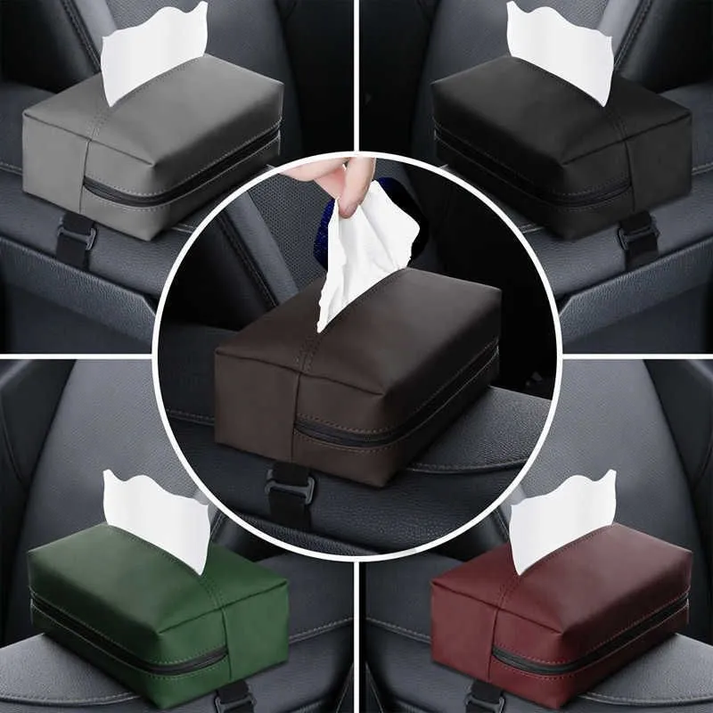 New Car Tissue Box Holder Nappa Leather Car Center Console Armrest Napkin Box Sun Visor Backseat Tissue Case with Fix Strap