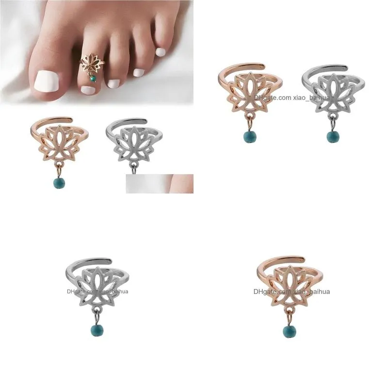 lotus flower turquoise adjustable toe ring open foot finger ring jewelry accessories gift