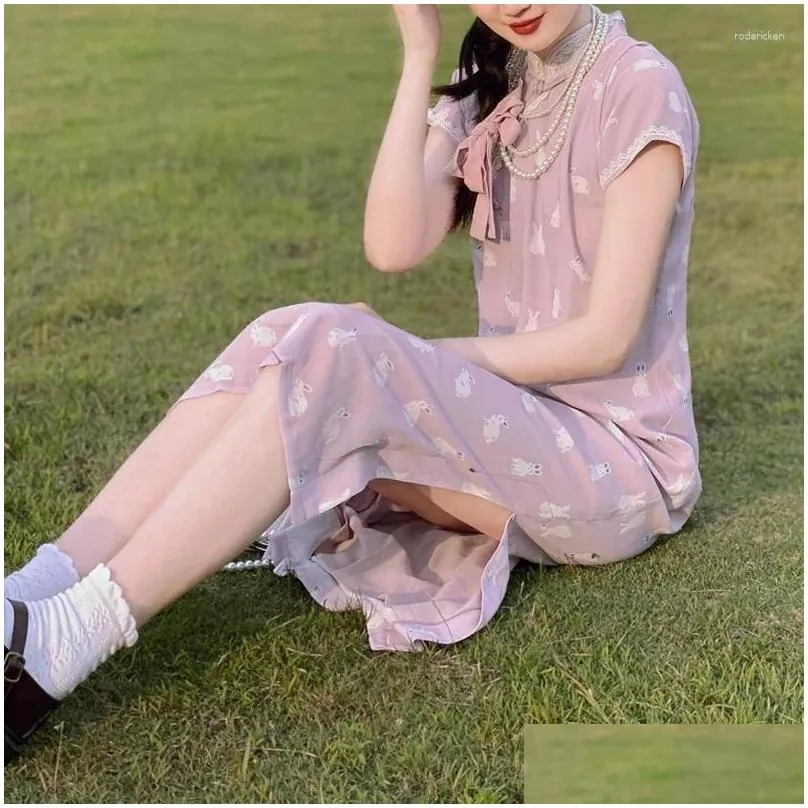 Ethnic Clothing Summer Light Purple Print Modern Qipao Long Women`s Full-front Opening Chinese Authentic National Style Cheongsam