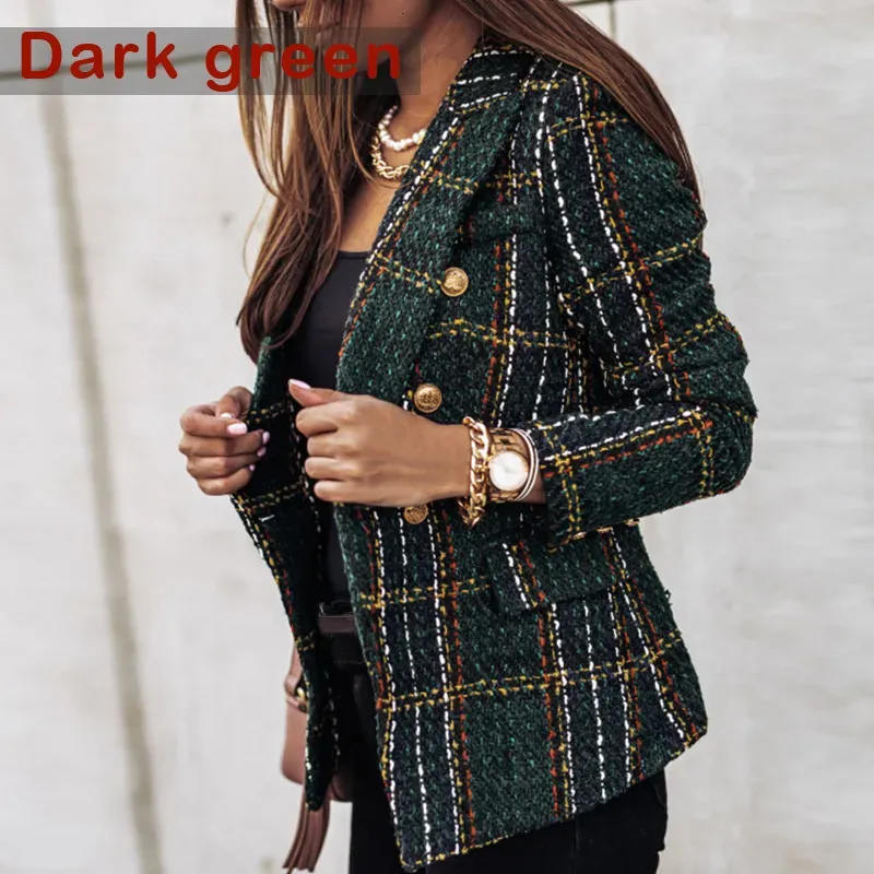 Women`s Jackets Double-breasted Printed Blazer Women Autumn Winter Office Chic Slim Long-sleeved Plaid Jacket Vintage Tweed Suits Ouerwear Plus