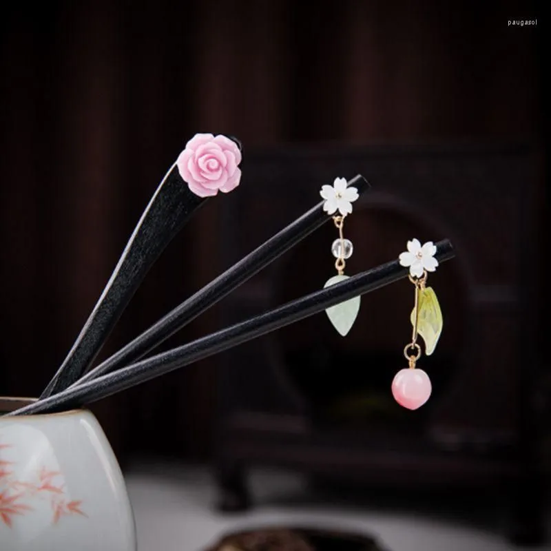 Hair Clips 3pcs/pack Luxury Metal Wooden Stick Flower Hairclips Hanfu Hairpin Accessories For Women