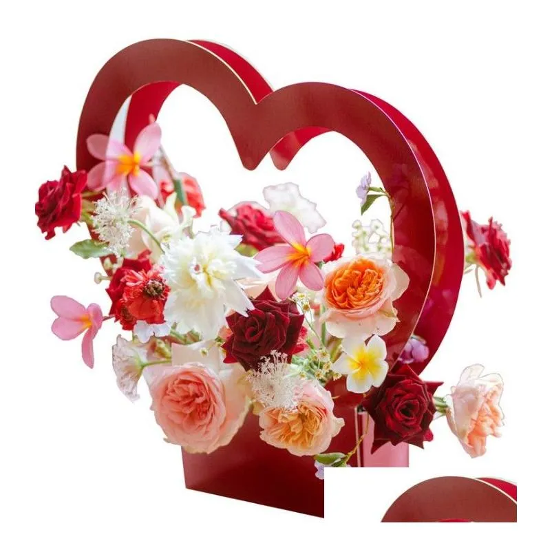 Gift Wrap Hand Held Flower Box Heart-Shaped Bundle  Love Basket Portable Paper Flowers Packaging Bag Drop Delivery Home Garden Fe Dhdqz