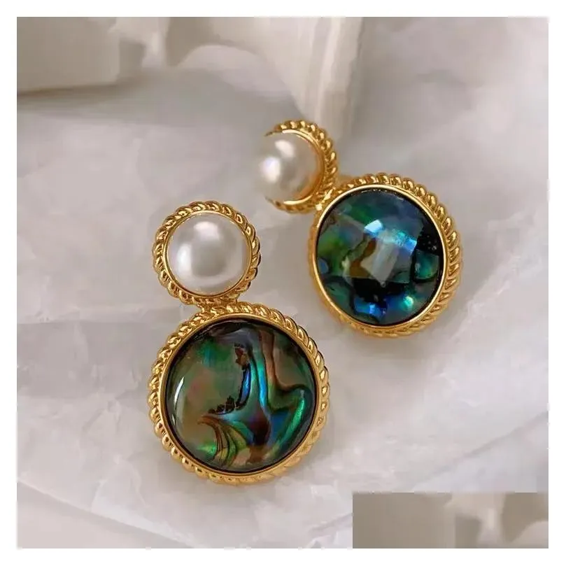 retro green oil painting colorful abalone shell stud earrings ladies luxury design natural pearl earrings jewelry gift