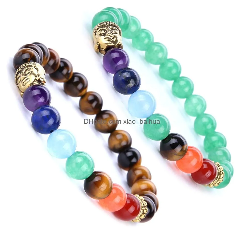 gu jin buddhist buddha head yoga reiki energy stone seven pulse wheel bracelet 8mm tiger eye stone 7 chakra bracelet