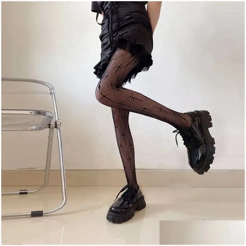 Yoga Outfit Women Print Fish Net Tights Long High Nylon Socks Transparent Hollow Out Body Stockings Black Mesh Fishnet Pantyhose