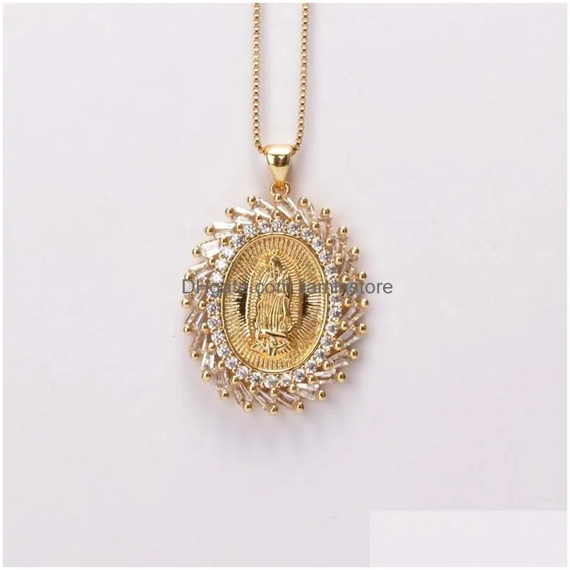 Pendant Necklaces Inches White Black Red Cz Crystal Paved Christian Religious Belief The Blessed Virgin Mary Gold Necklace
