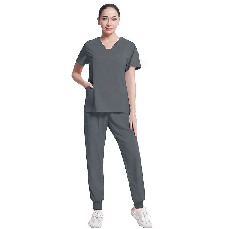 Women`s Two Piece Pants Women`s Solid Color Spa Threaded Clinic Work Suits Tops Unisex Scrub Pet Nursing Uniform