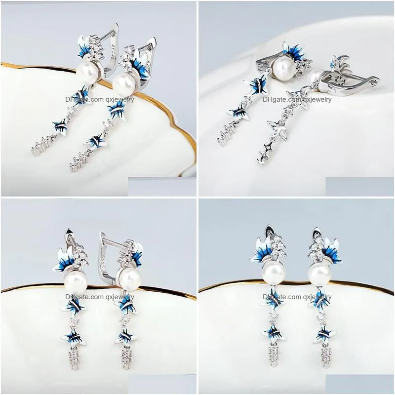Dangle & Chandelier Elegant Blue And White Flower Earrings Long Tassel Pearl Butterfly 925 Sier Womens Jewelry Handmade Enamel Drop D Dhfdw