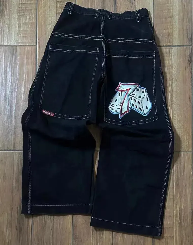 Men`s Jeans JNCO Y2K Harajuku Hip Hop Poker Graphic Retro Blue Baggy Denim Pants Mens Womens Gothic High Waist Wide Trousers