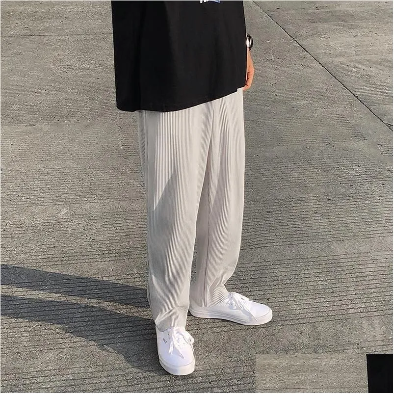 Pleated Straight Loose Ice Silk Trousers Men`s Fashion Elastic Waist Casual Pant Men Streetwear Wide Leg Pants S-XL