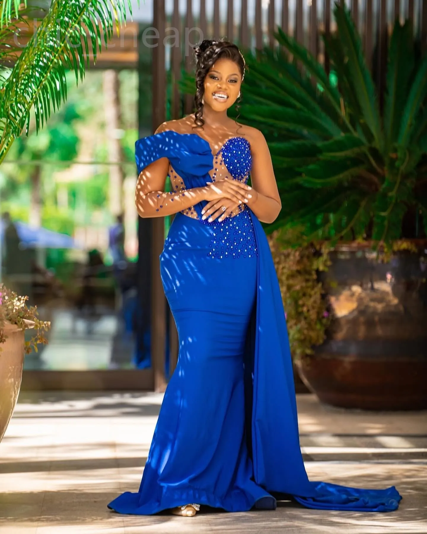 2024 Aso Ebi Blue Mermaid Prom Dress Beaded Satin Evening Formal Party Second Reception 50th Birthday Engagement Gowns Dresses Robe De Soiree ZJ315