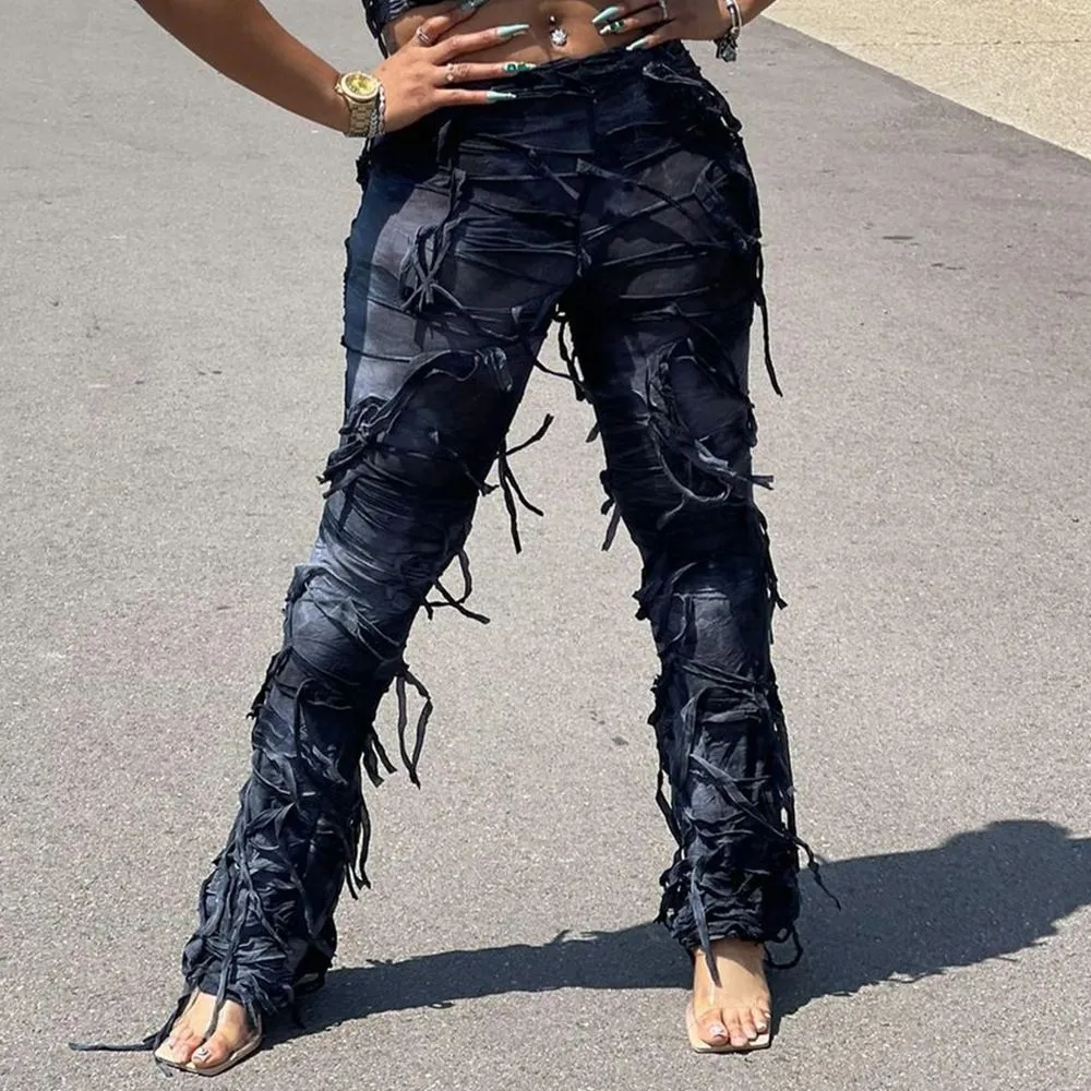 High Waist Women Street Wear Cargo Trousers Tie Dyed Stylish Y2k Frayed Distressed Stacked Tight Pants