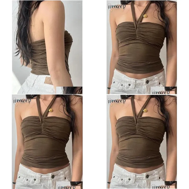 Women`s Tanks Weekeep Vintage Solid Crop Top Women Sexy Skinny Sleeveless Folds Halter Tees Ladies Grunge 2000s Summer Holiday Mini