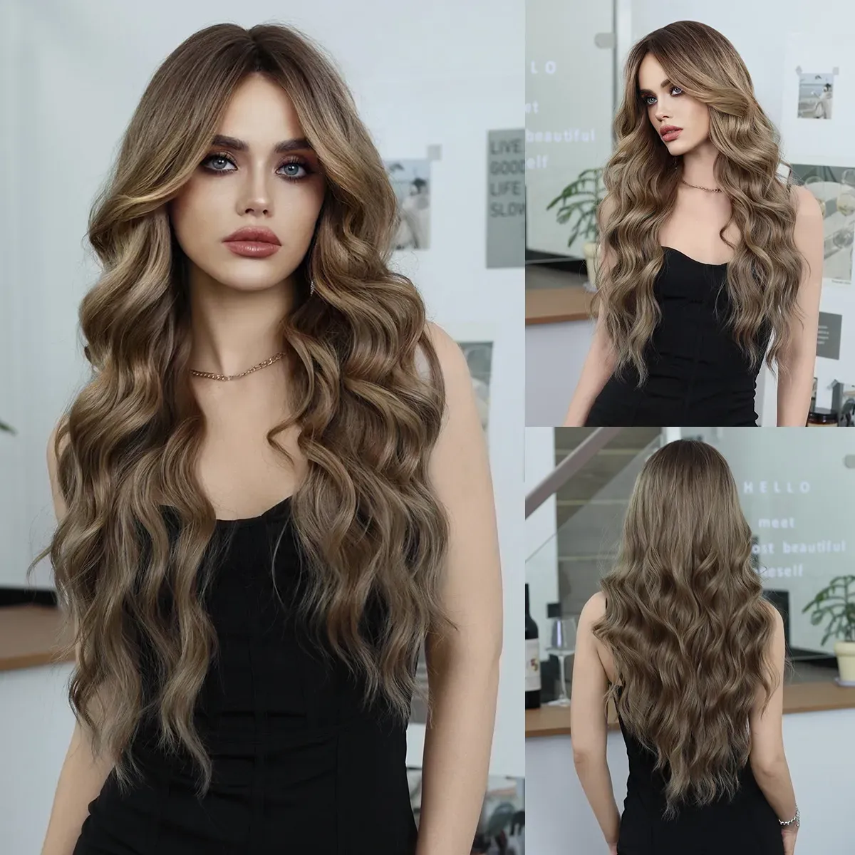 Bronze blonde wig female fashion long curly Synthetic hair eight bangs big wave chemical fiber full head cover Wavy Wig wholesale fast