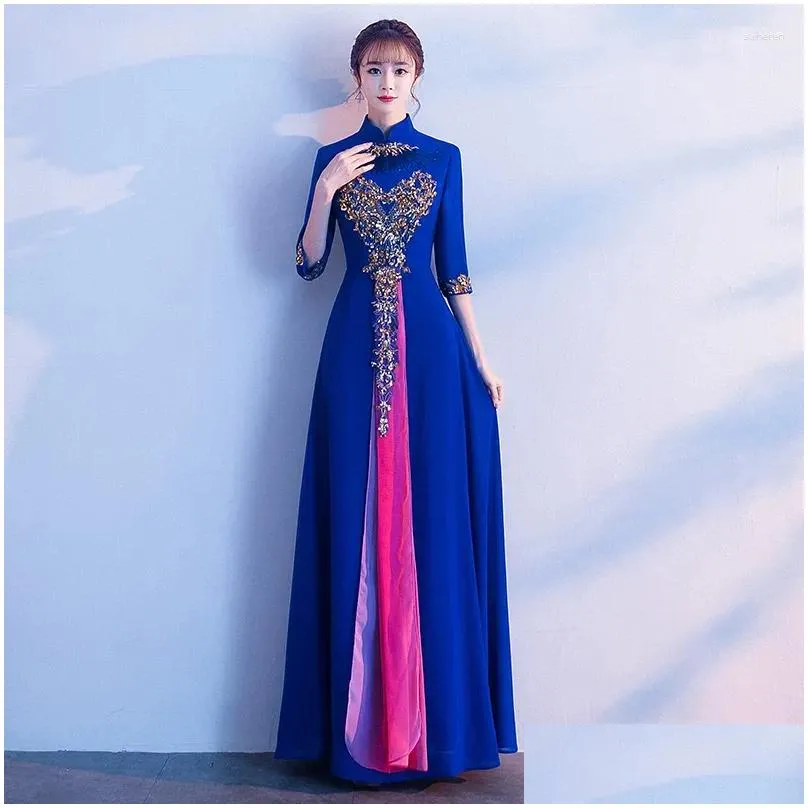 Ethnic Clothing Sexy Slim Long Cheongsam Simple Elegant Retro Wedding Dresses Choir Performance Dress Women Chinese Traditional Plus