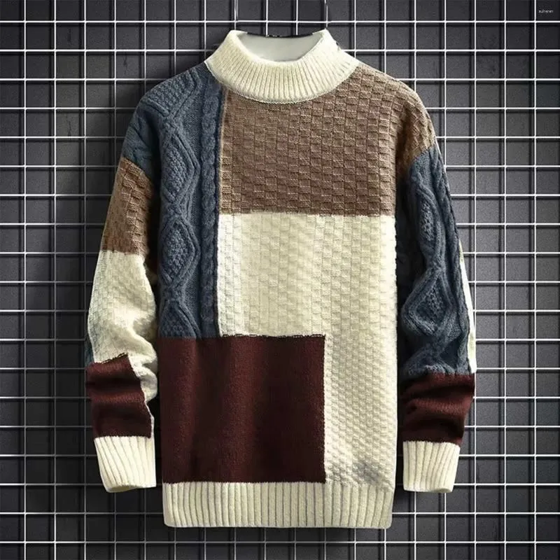 Men`s Sweaters Male Fall And Winter Casual Patchwork Color Sweater Retro College Style Lazy Wind Long Sleeved Puff Coats