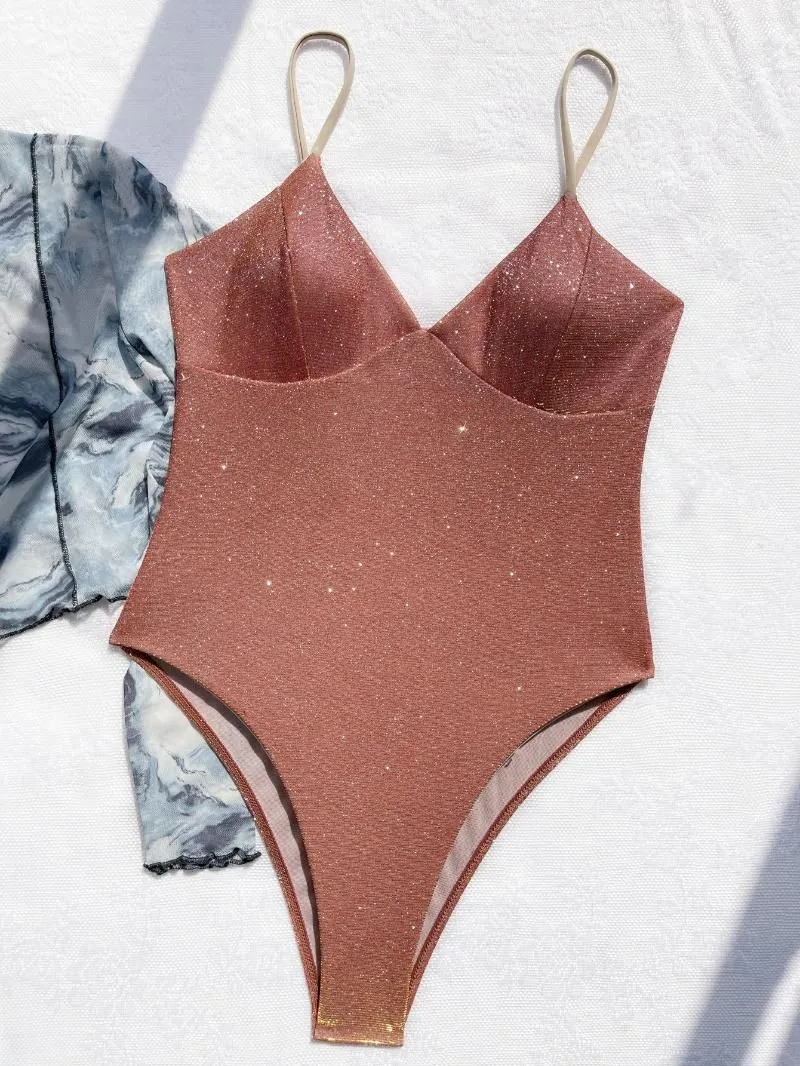 Women`s Swimwear 2023 Sexy Shiny High Cut Push Up One Piece Swimsuit Women Female Monokini Bather Bathing Suit Swim Lady