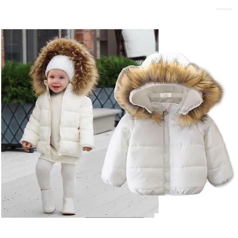 Down Coat Jacket Child Girl 2024 Winter Warm Toddler Baby Boy Fur Hooded Pure White Hoodie Fashion Zip Up Outerwear Parkas