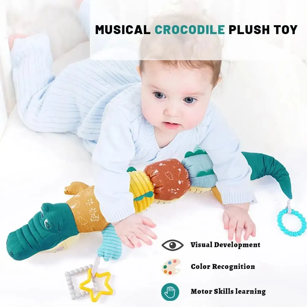 Baby Musical Stuffed Animal Activity Soft Toys with Crinkle Rattles Textures Tummy Time for born Infant Gifts 240226