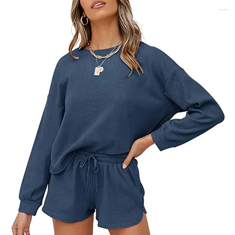 Women`s Blouses Solid Color Crew Neck Loungewear Casual Long Sleeve Drawstring Set