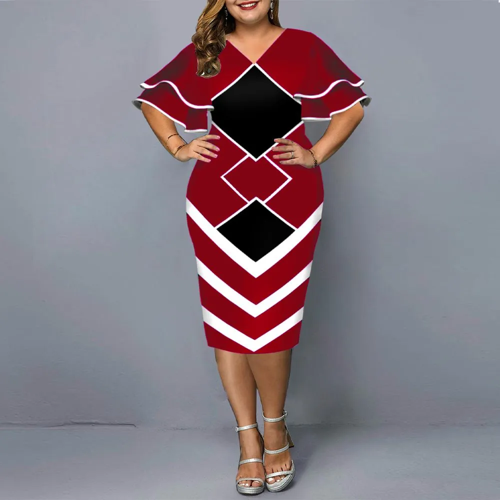 Plus Size Dresses Women Dress Elegant Geometric Print Evening Party Dress Casual Layered Bell Sleeve Office Bodycon Club Outfits