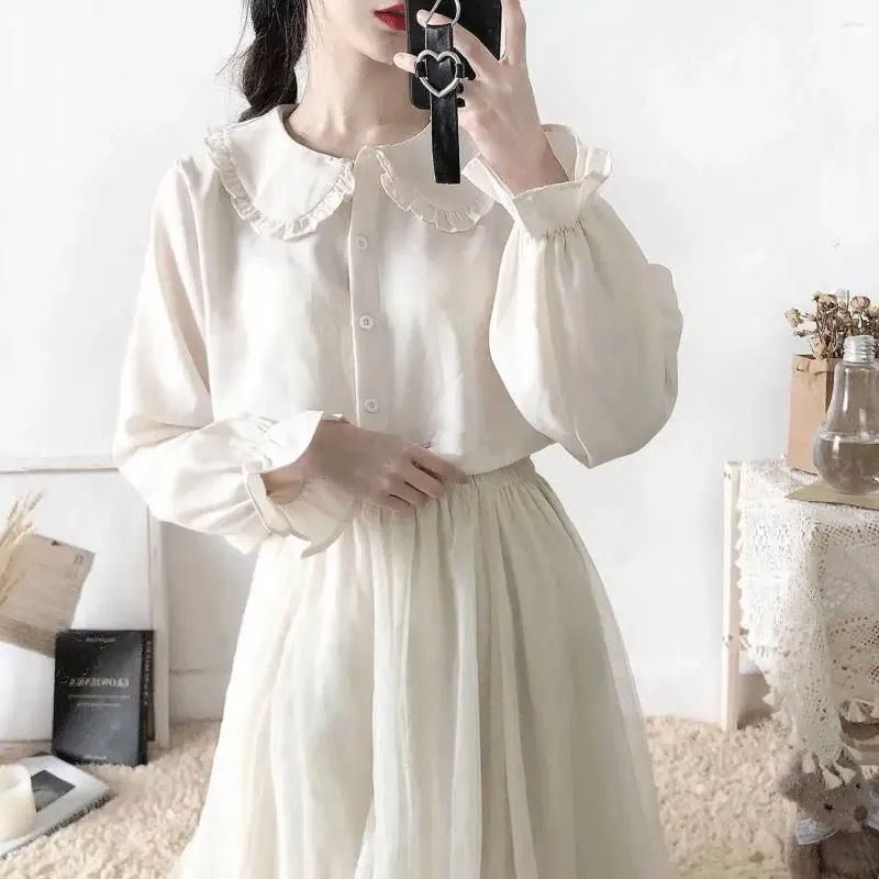 Women`s Blouses Japanese Cute Harajuku White Shirt Ruffle Tops Blouse Long Sleeve Sweet Lolita Basic Button Up Shirts Cotton