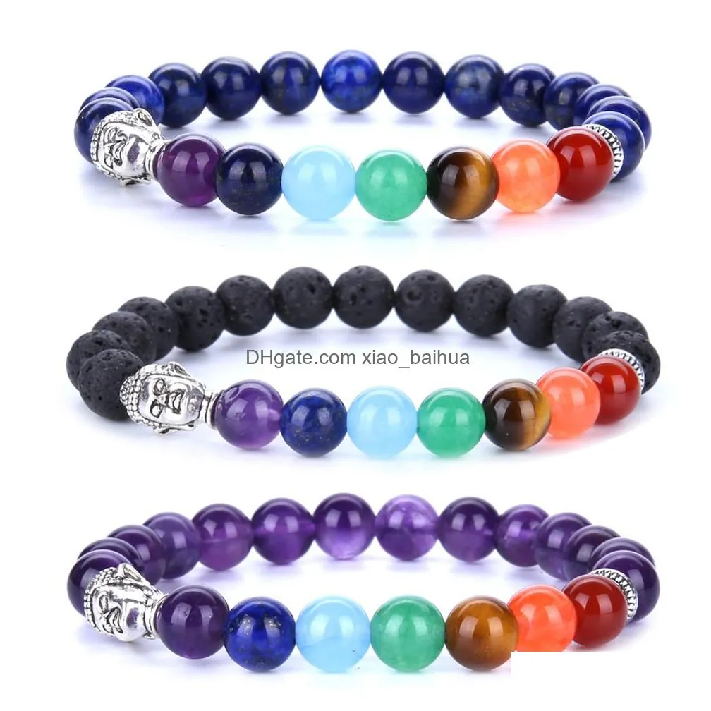 bijoux de mode 8mm couleur sourire ouvert fleur pierre volcanique yoga sept roue dimpulsion bracelet energie lapis lazuli bijoux