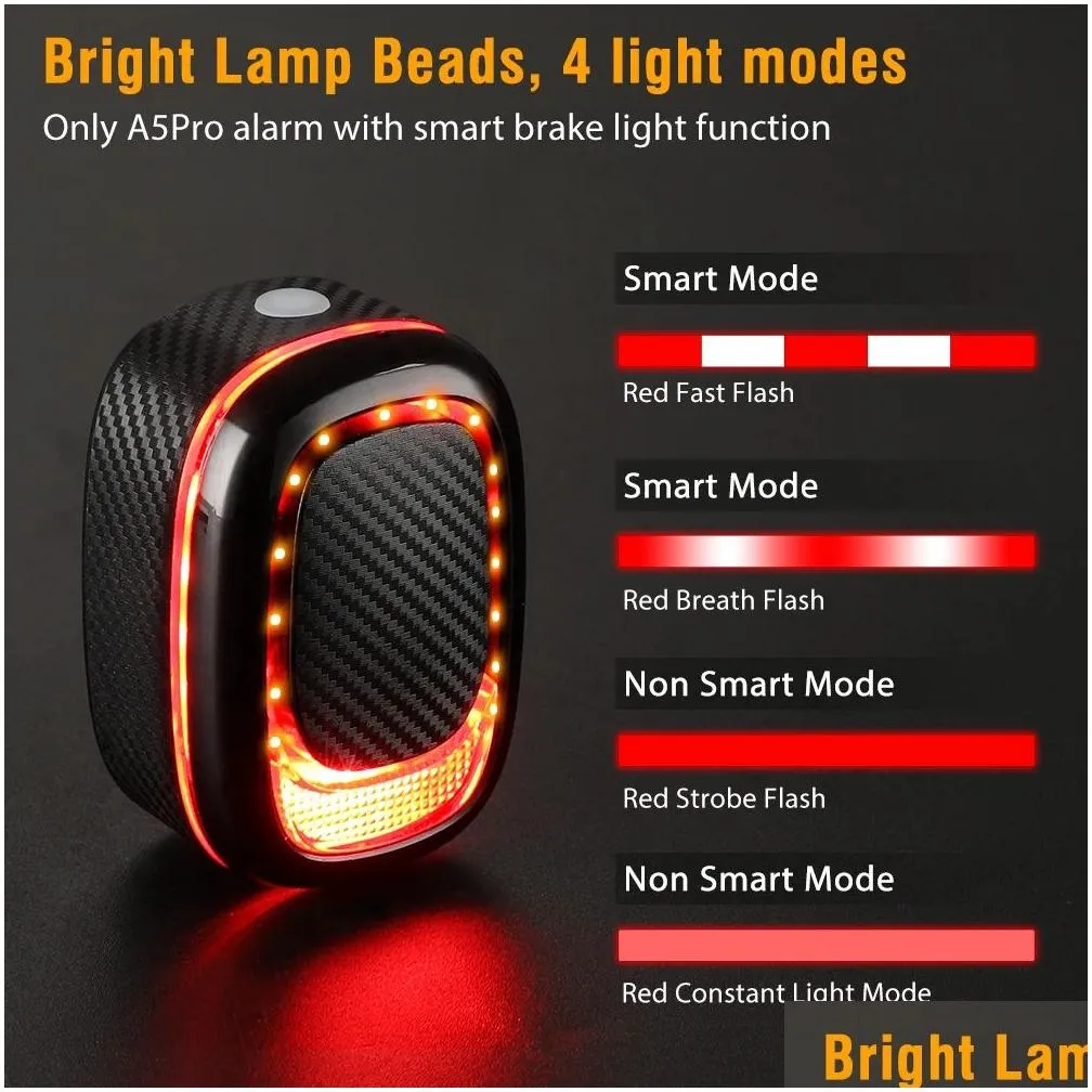 Lights Sectyme Wireless Waterproof Bicycle Taillight Vibration Antitheft Alarm USB Charge A5pro Smart Auto Brake Sensing Bike Light