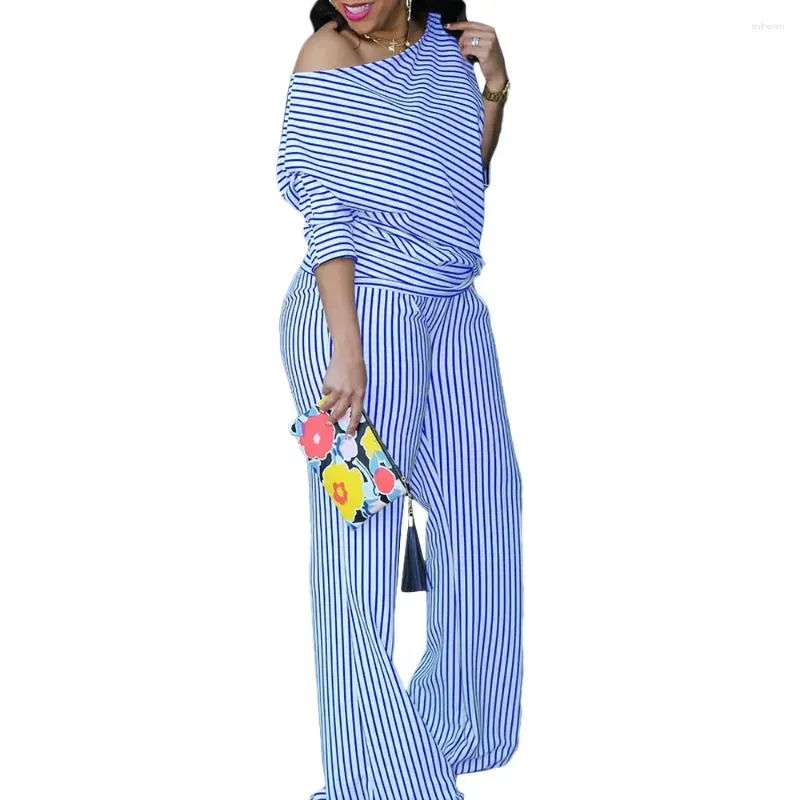 Women`s Two Piece Pants Striped Set Iregular Sleeve Off Shoulder T-shirt And Wide Leg 2024 2 Sets Outfits Tracksuit