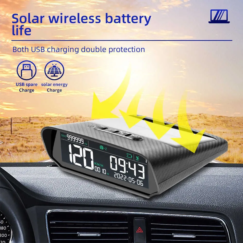 Compass Solar Car HUD GPS HeadUp Display Digital Clock Speedometer OverSpeed Alarm Fatigue Driving Alert Altitude Mileage Display