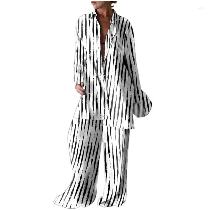 Women`s Two Piece Pants 2 Pcs/Set Women Outfit Oversized Long Sleeves Summer Stripe Print Contrast Color Tops Set