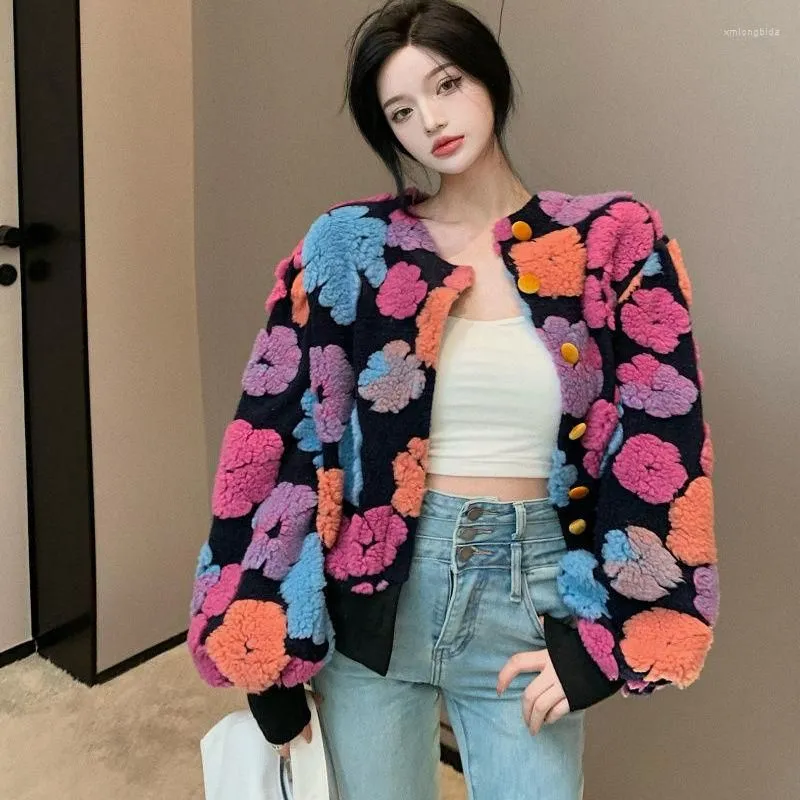 Women`s Jackets 2023 Spring Three-dimensional Flower Cardigan Short Bubble Sleeve O Neck Plush Warm Coat Tops Women Clothing Jacket