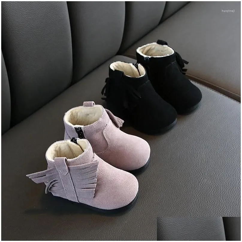 Boots Winter 2024 Kids`Shoes Babies With Tassels Girls` Fashion Korean Keep Warm 0-1 Years Old Suede Toddler Shoes