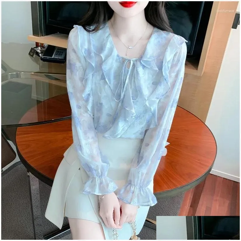 Women`s Blouses Autumn V Neck Shirt Flower Print Long Sleeve Blouse Female Pullover Commuter Casual Tops