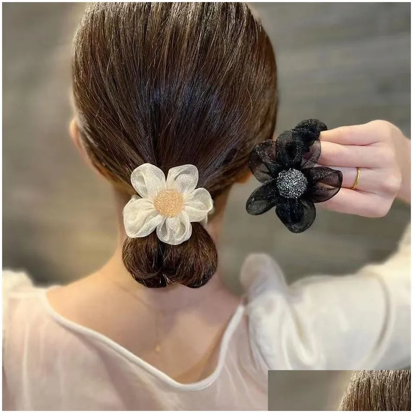 bulk price mesh shiny sun flower pony tails holder girls hair ring rope ball women rhinestone hair rubber bands accessories