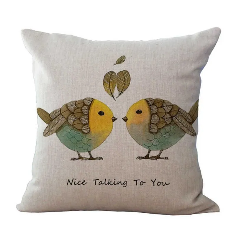 Pillow Decor Cotton Cover Case Bird Linen Home Sofa 18`` Waist Throw /Decorative