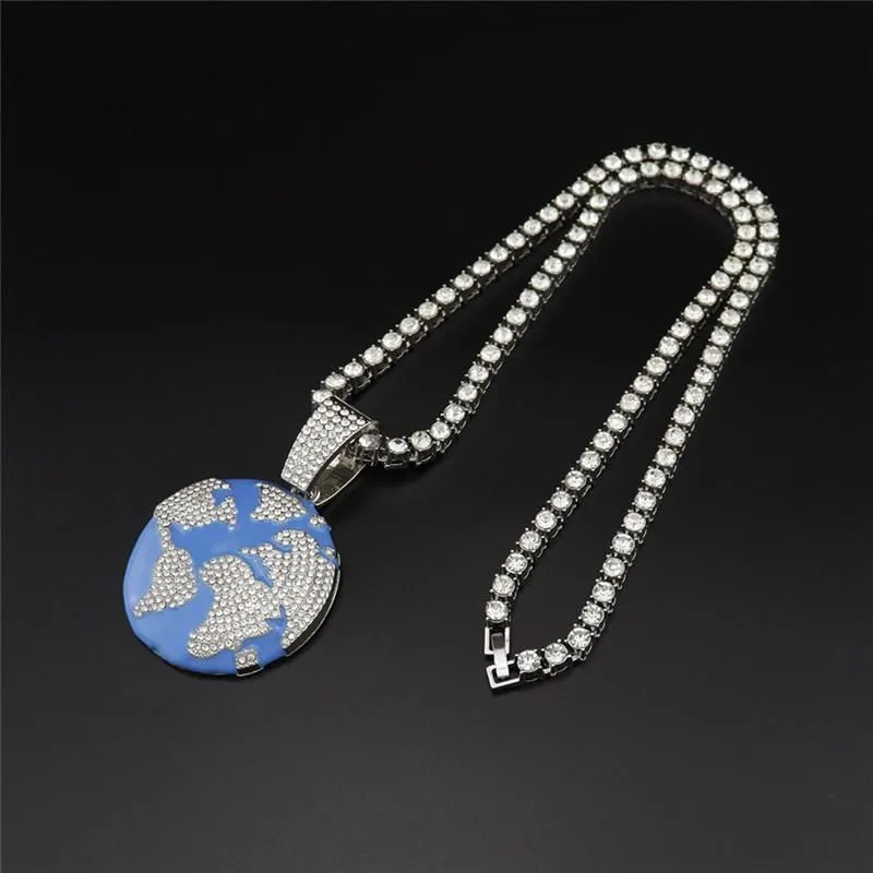 Pendant Necklaces Iced Out Blue Earth Cubic Zircon Necklace For Men Fashion Hip Hop Crystal Big  Cuban Chain Party JewelryPendant