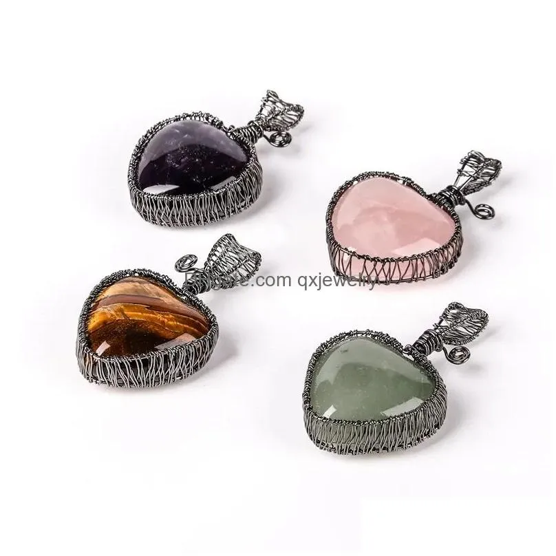 Pendant Necklaces Hand Woven Natural Heartshaped Gemstone Charm Copper Wire Wrap Heart Stone Lovely Women Necklace Amethyst Drop Deliv Dhxj6