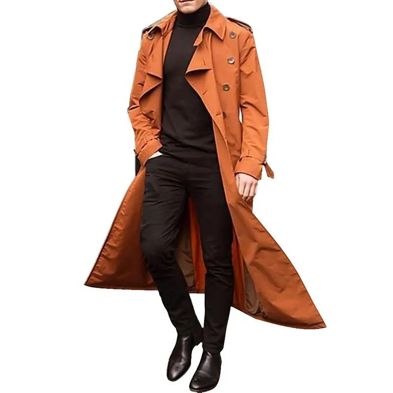 Men`s Trench Coats Men Overcoat Vintage Double Breasted Jacket Coats Mens Business Black Long Solid Windbreak Coat Outwear