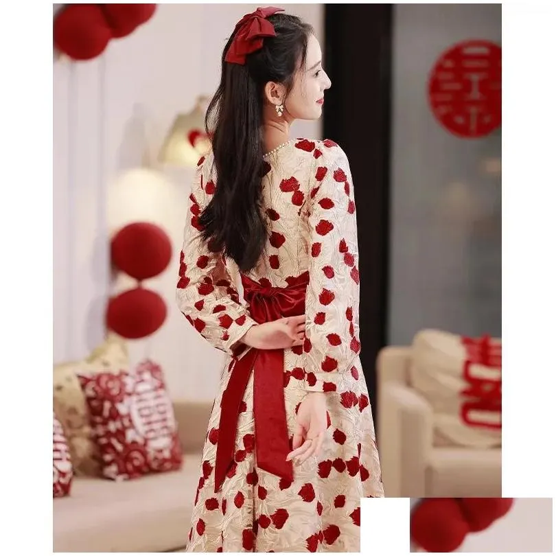 Ethnic Clothing Square Collar Bridal Wedding Dress Chinese Style Qipao Embroider Flower Mesh Cheongsam Elegant Satin Bow Vestidos Robe