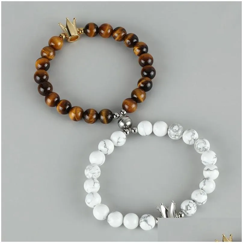 19cm new fashion black onyx beaded strands bracelet lover tiger eye magnetic attract crown couple strands bracelets jewelry