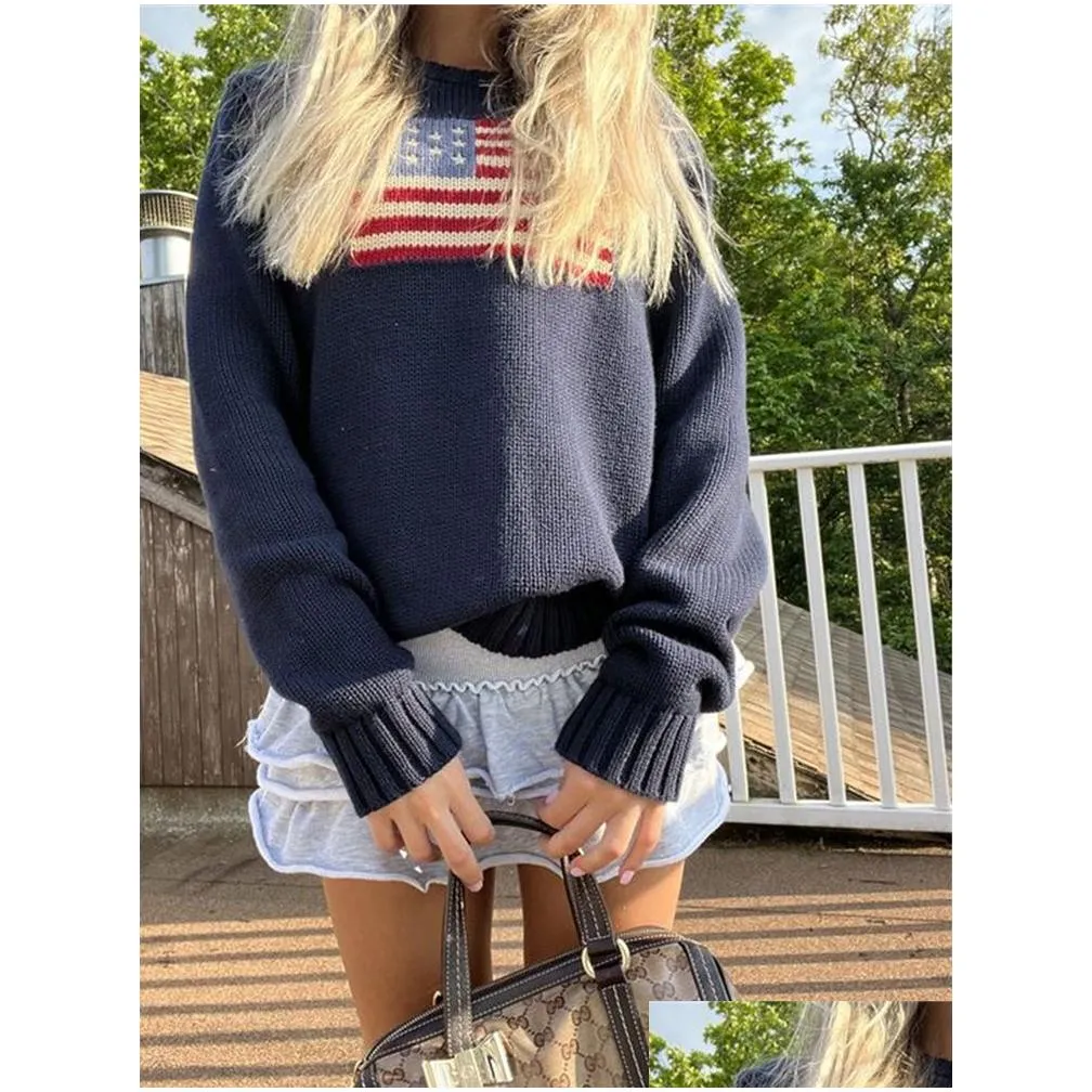 Women`s Sweaters Y2K Women Winter Vintage Ladies Luxury American Flag Knit Sweater Aesthetics Long Sleeve Oversize Pullover Tops Clothes