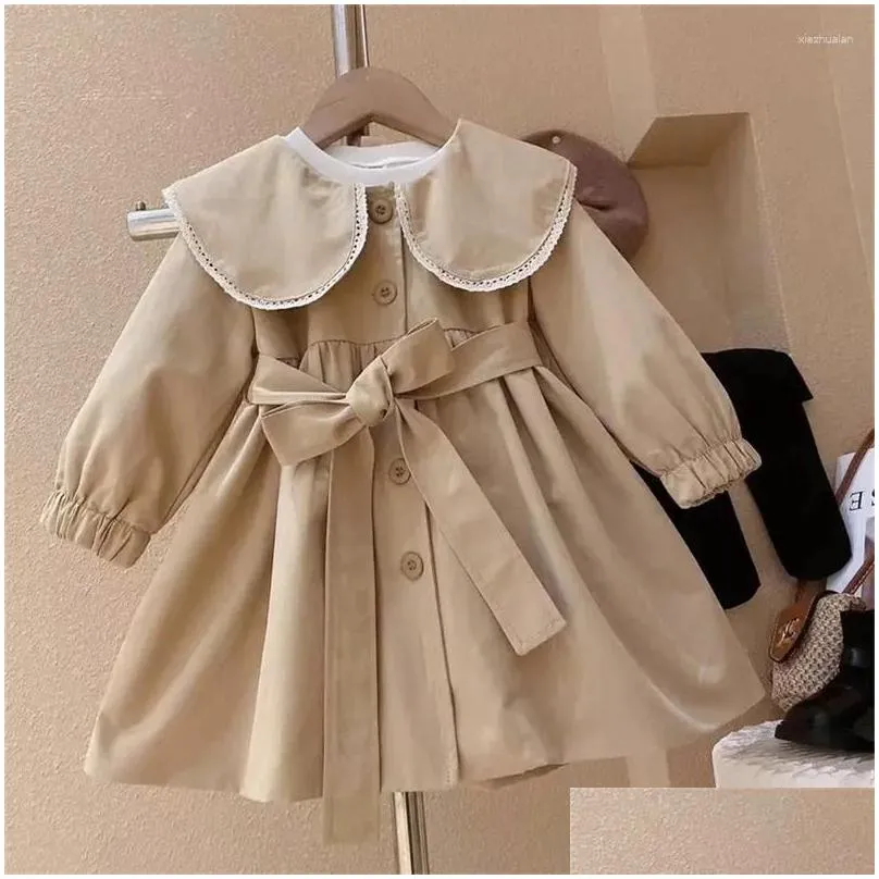 Jackets Girls Trench Coats Kids Fashion Waisted Children Turndown Collar Baby Cute Long Windbreaker Casual Outerwear Clothing