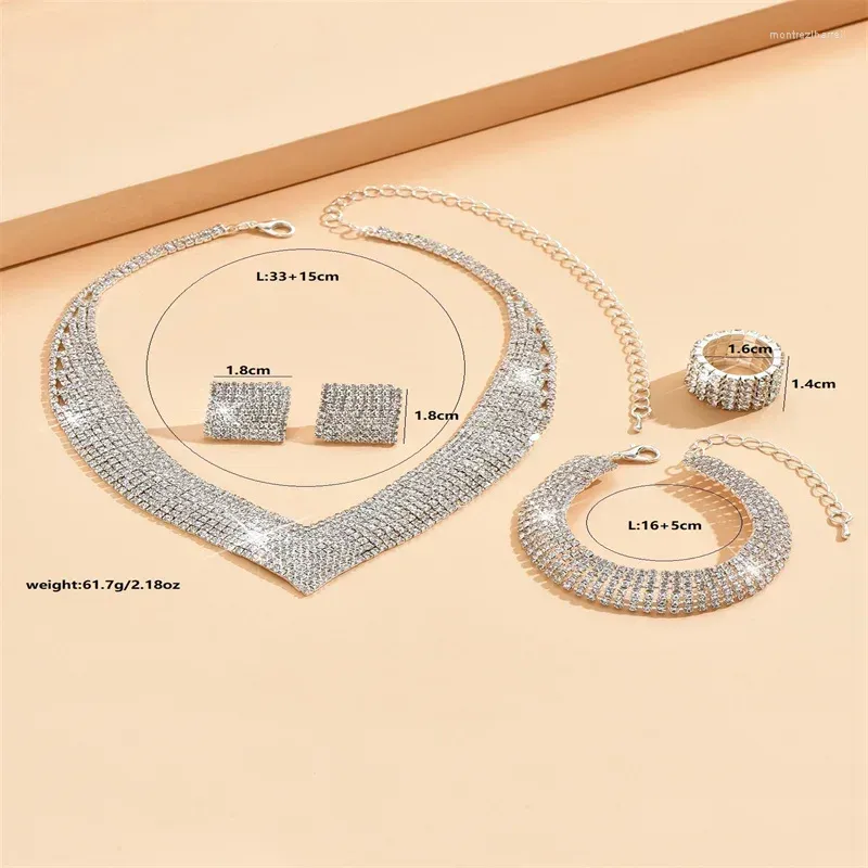 Chains Fashionable European And American Fashion Grand Rhinestone Silver Plated Bridal Jewelry Necklace Bracelet Elastic Ring Set