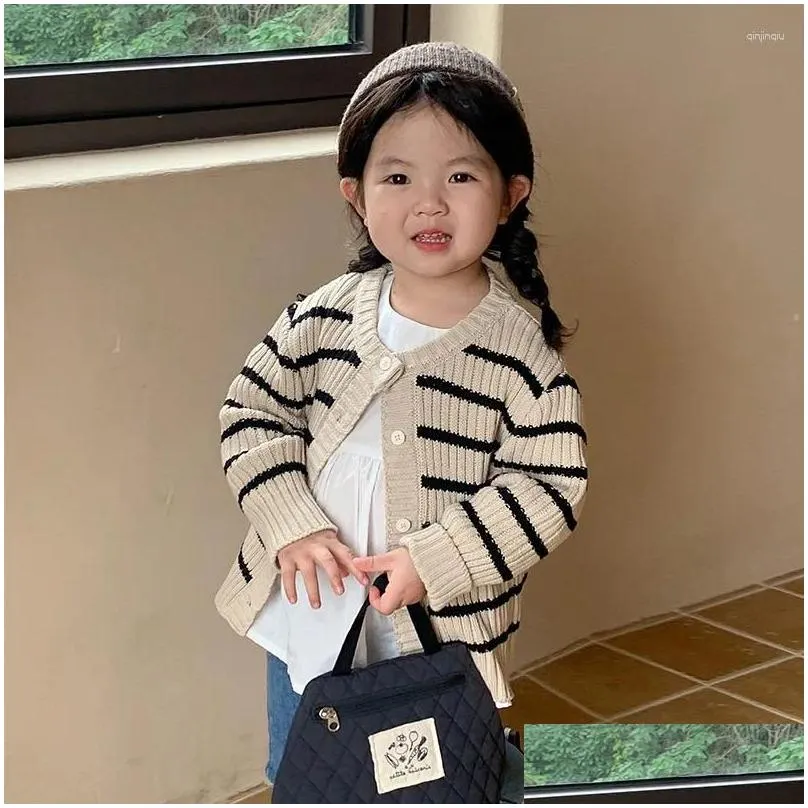 Jackets Children Clothing Kids Sweater 2024 Spring Autumn Fashionable Korean Style Striped Knitted Cardigan Single Breasted