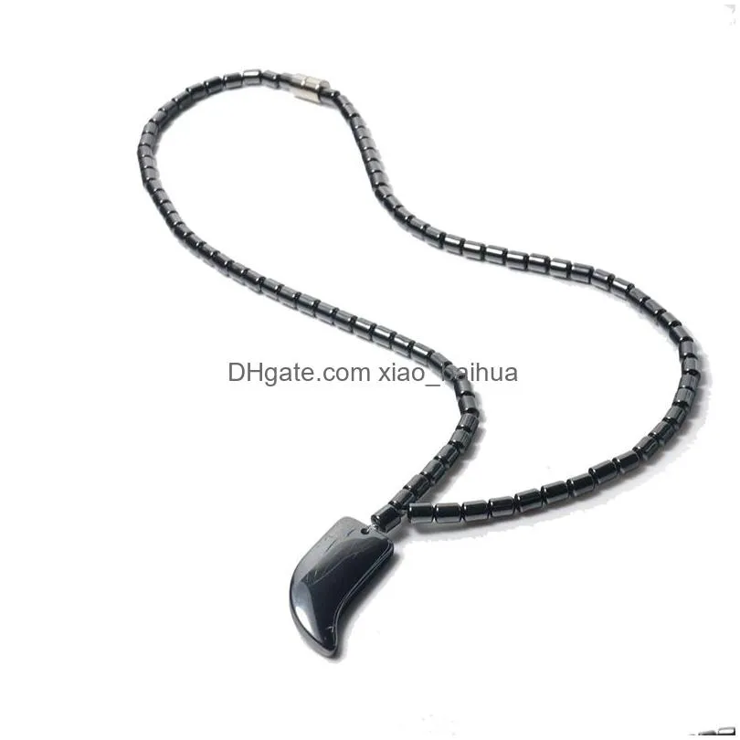 hematite necklace magnetic natural stone beads jewelry for men women wolf tooth shape