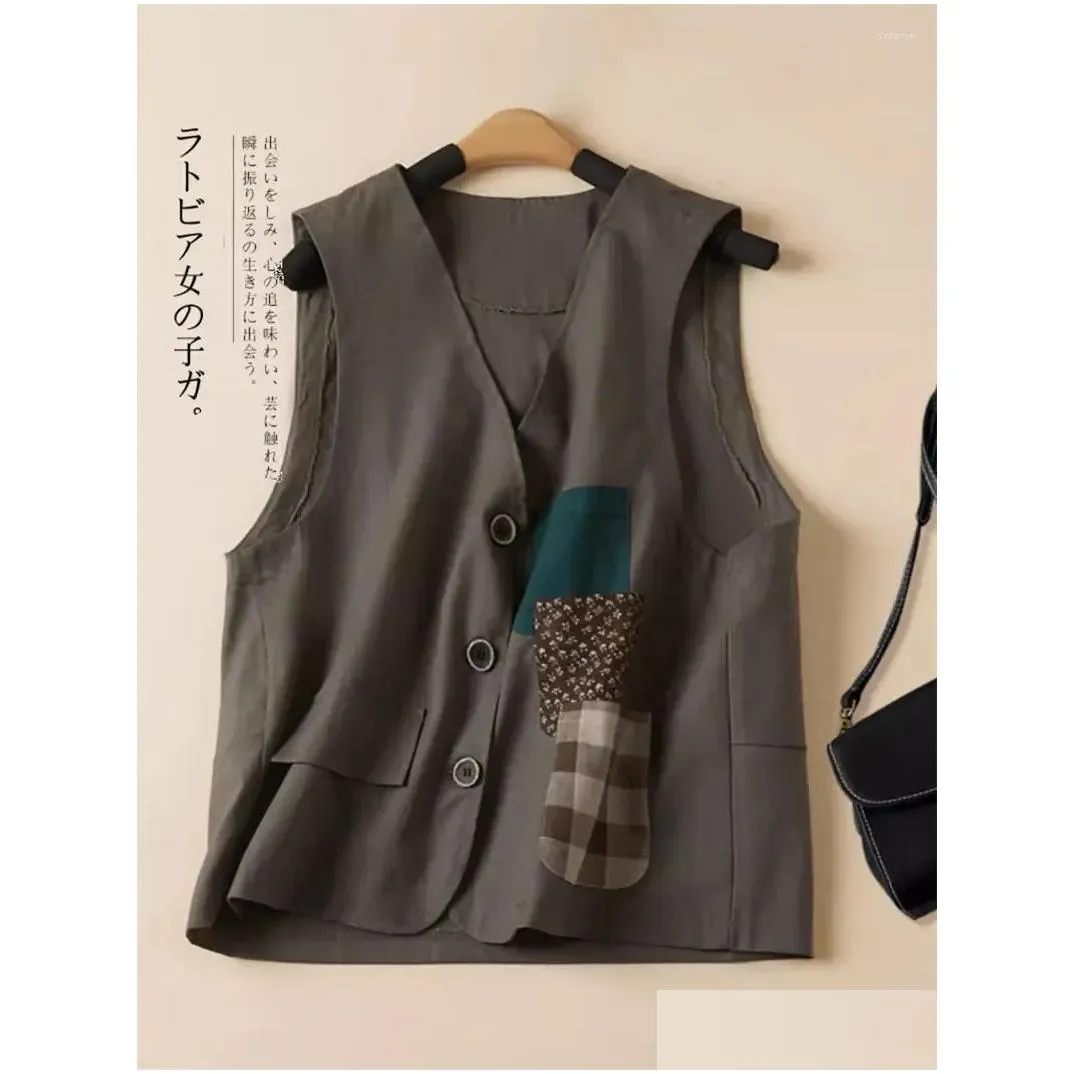 Women`s Vests Patch Color Contrast Multi Pocket Patchwork Vest Stylish Retro Fashion 2024 Summer Casual Loose Jacket Women Waistcoat